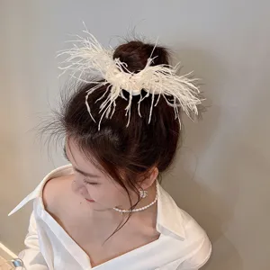 Chic white ostrich feather hair scrunchie, trendy ins style fluffy hair tie for women detail.
