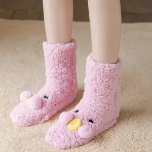 Women plush fleece thermal mid-tube socks cute cartoon duck winter warm home floor socks