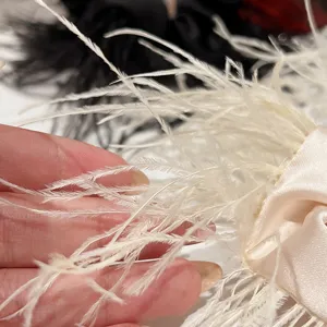 Korean minimalist ostrich feather hair scrunchie, soft satin ribbon fashion hair accessory.