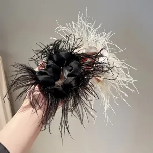 Chic ostrich feather hair scrunchie set, fluffy satin hair tie for women and daily wear.