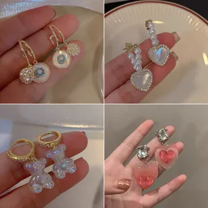 Korean Style Alloy Rhinestone Artificial Pearl Drop Earrings Elegant Heart Flower Bear Geometric Silver Earring Post Jewelry For Women