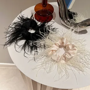 Elegant Ostrich Feather Fabric Scrunchie Hair Tie Minimalist Satin Soft Hair Rope Fashion Hair Claw Clip Daily Headwear Accessories For Women