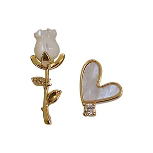 Korean style asymmetric rose and heart pearl stud earrings, elegant light luxury jewelry for women