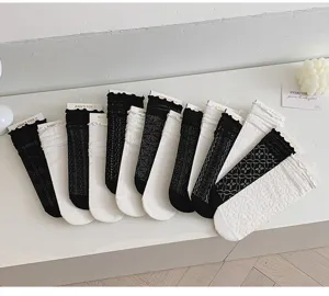 Women lace mid tube socks summer thin hollow floral black white casual cute sweet fashion daily wear