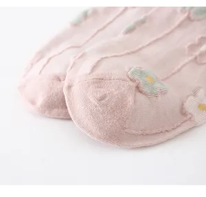 Detailed view of pink women's low-cut boat socks featuring cute 3D floral patterns and soft macaron colors.