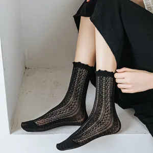 Women Sweet Hollow Lace Mid Tube Socks Summer Thin Breathable Cotton Casual Floral Solid Color Fashion Hosiery