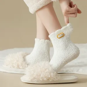 Cozy white coral fleece mid-calf socks for women, thick plush warm winter thermal sleep socks.