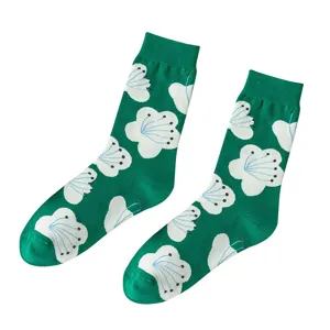Chaussettes mi-hautes vertes à motif de fleurs pour femmes, coton tendance et chic