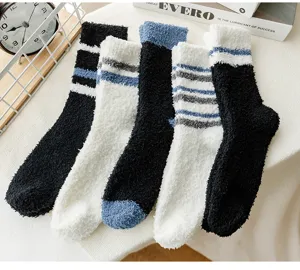 Chaussettes duveteuses homme hiver epaisses chaudes polaire corail rayees confortables