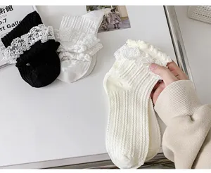 Detailed shot of cute JK Lolita socks with delicate hollow lace ruffles and cute bubble cuffs.