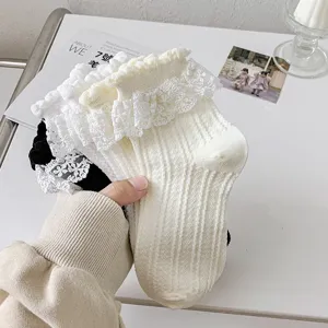 Women Lolita Sweet Cute Lace Ruffle Crew Socks Hollow Out JK Uniform Cotton Casual Socks Fashion Accessories One Size