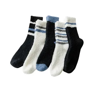 Chaussettes d'hiver en polaire corail moelleuse pour hommes avec rayures, chaussettes maison.