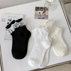 Lolita JK lace ruffle mid-calf socks cute sweet girl breathable hollow mesh cotton hosiery