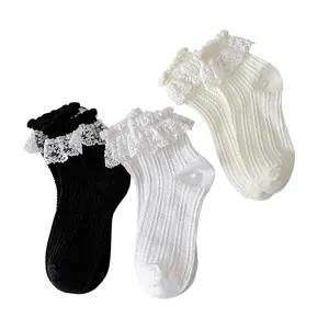 Cute women Lolita JK socks with delicate lace ruffles and hollow design, versatile colors.