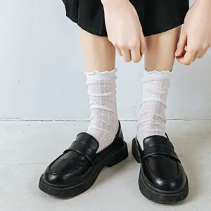 White lace mid-calf socks for women, sheer hollow-out ruffle trim cute summer slouch socks.