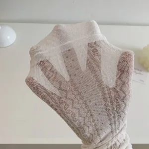 White sheer lace mesh socks for women, ultra thin summer breathable hosiery, floral pattern.