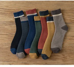 Men's thick winter cotton mid-calf socks with colorful striped design and cozy warm loop.