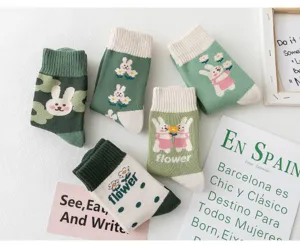 Retro süße Kaninchen dicke Frottee Wadensocken Damen Winter warme grüne Baumwolle Mode