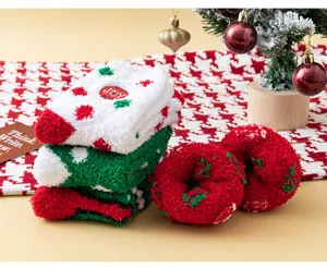 Christmas coral fleece embroidered fuzzy socks, thick warm plush winter floor sleeping socks.