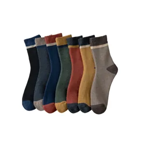 Men winter thick warm cotton mid-calf socks set, color block striped, trendy daily wear.
