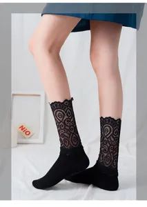 Black lace Lolita socks sweet cute frilly hosiery vintage Gothic girl fashion daily wear
