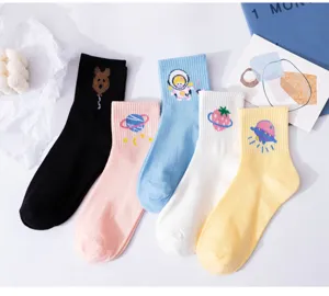 Cute cartoon planet embroidered cotton crew socks for women casual daily wear