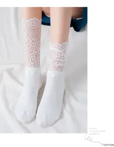 White Lolita lace detail socks close-up view, sweet style short socks with delicate ruffles.