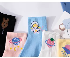 Cute cartoon print mid-calf socks for women, Korean Harajuku style casual daily wear.