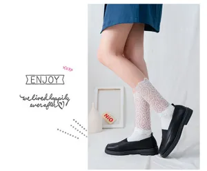 White Lolita lace mid-calf socks detailed view, sweet Japanese style daily wear fashion.