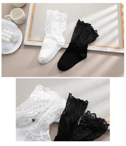 Sweet Lolita lace short socks for women, cute ruffled cotton hosiery in black and white.