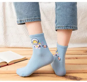 Cute blue mid-calf socks for women with funny astronaut cartoon pattern Harajuku style.