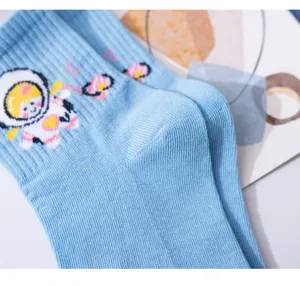 Blue mid tube socks cute cartoon astronaut pattern Japanese Harajuku style comfortable cotton socks for women