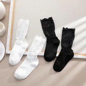 Sweet Lolita Cotton Socks Gentle Lace Ruffled Trim Mesh Hollow Out Mid Calf Crew Socks Soft Sister Style Everyday Accessories For Women