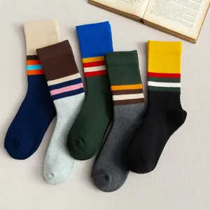 Chaussettes Mi-Chaussette Homme Épaisses en Coton Éponge Hiver Chaud Désodorisant Rayé Bloc de Couleur Chaussettes Décontractées Style Vintage
