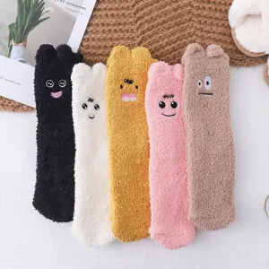 Sweet Cartoon Monster Coral Fleece Floor Socks For Women Winter Thickened Warm Slipper Crew Socks With Embroidery Ears Cozy Sleep Socks