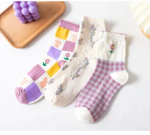 Women vintage floral plaid mid tube socks cute cotton aesthetic cozy casual long socks.
