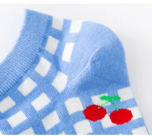Chaussettes courtes femme carreaux bleus cerise coton doux style japonais detail gros plan