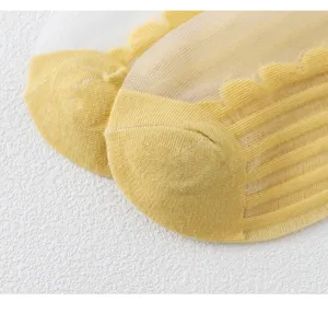 Close-up detail of women's sheer summer crystal socks with cute wave edge and yellow toe.
