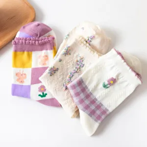 Women vintage floral mid-calf socks retro ethnic style purple cute cotton long socks