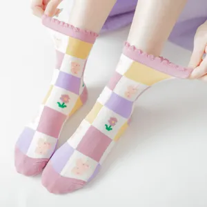 Women vintage mid-calf socks cute rabbit floral checkered cotton cute ruffles hosiery apparel