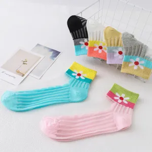 Women summer thin crystal socks short boat socks with cute sunflower pattern and fresh design.