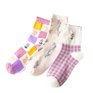 Cute vintage floral grid women mid-tube socks, soft comfortable cotton daily casual wear.