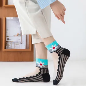 Summer sheer crystal socks for women, cute daisy flower and black striped ankle short socks.