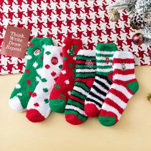 Women Sweet Plush Nylon Christmas Floor Socks Embroidered Warm Fluffy Cozy Sleep Socks For Winter Home Festive Decorative Soft Socks