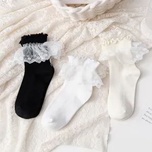 Chaussettes Mi-Mollet Lolita Douces Pour Femmes Uniforme JK Japonais Bordure En Dentelle Volantée Chaussettes En Coton Couleur Unie