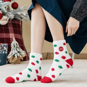 Christmas cozy coral fleece socks for women, thick warm winter fuzzy sleep socks with cute design.