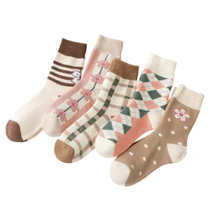Retro karierte Wadenhohe Socken fur Damen Herbst Winter Verdickte Warme Frotteesocken