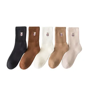 Süße Bären bestickte warme Wintersocken für Damen, dicke gemütliche einfarbige Socken