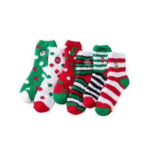 Cute Christmas fuzzy coral fleece socks for women, thick warm plush winter sleep floor socks.