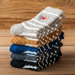 Men's Autumn Winter Coral Fleece Fuzzy Socks Thick Warm Striped Star Embroidery Socks